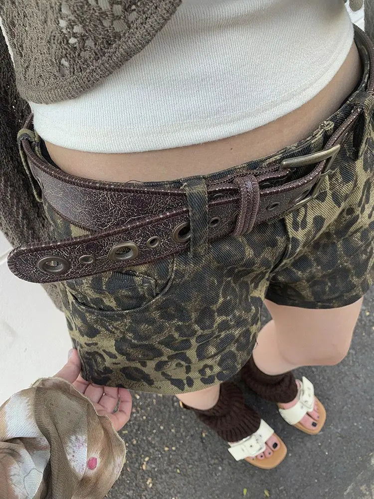 Sexy Leopard Printed Denim Shorts Women Vintage Y2k Low Waist Gyaru Streetwear Summer 2024 Chic Female Retro Short Jeans
