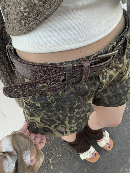 Sexy Leopard Printed Denim Shorts Women Vintage Y2k Low Waist Gyaru Streetwear Summer 2024 Chic Female Retro Short Jeans