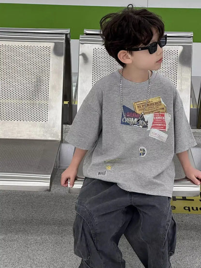 2026 Summer New Vintage Korean Boys T-Shirt Crew Neck Kids Tweens Casual Stylish Breathable Cotton Top