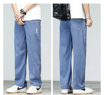 Summer Ultrathin High Quality Soft Lyocell Fabric Men's Jeans Loose Straight Denim Pants Design Casual Trousers Plus Size M-5XL