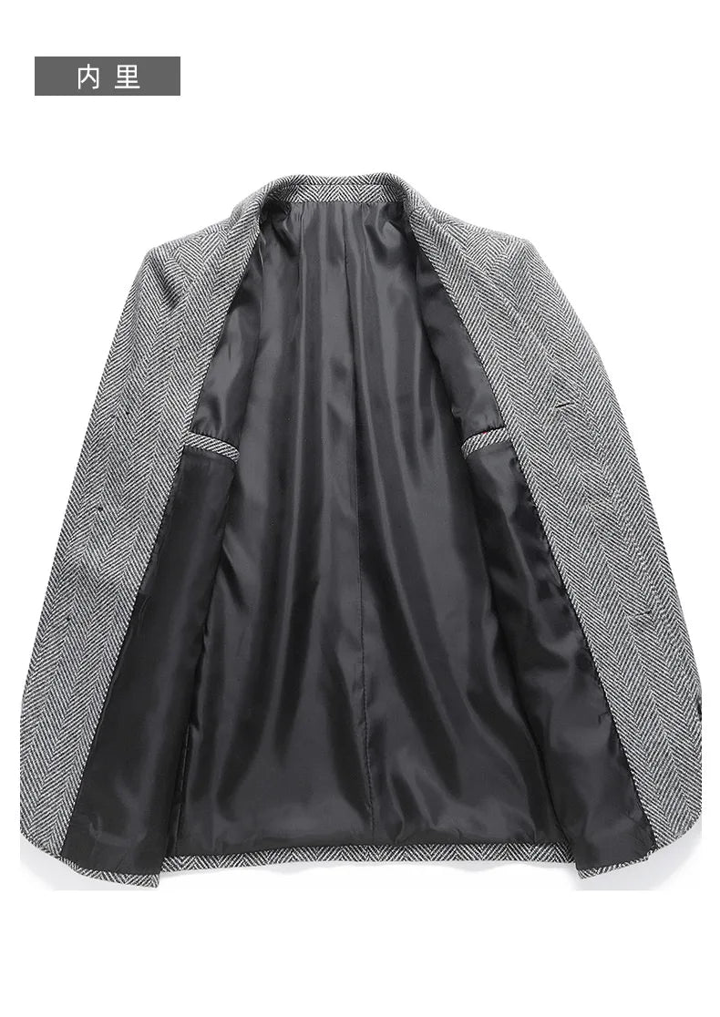 Men's Wool Blazer Herringbone Pattern Casual Business Suit Jacket Comfortable and Stylish Coat