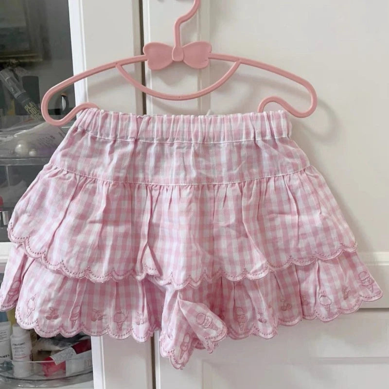 Japanese Style Kawaii Mini Skirt Women Sweet Harajuku Lolita Plaid Skirts Pink Y2k Cutecore Summer A-line Ruffle Skirts