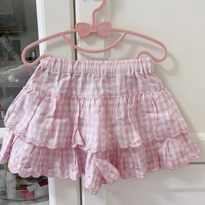 Japanese Style Kawaii Mini Skirt Women Sweet Harajuku Lolita Plaid Skirts Pink Y2k Cutecore Summer A-line Ruffle Skirts