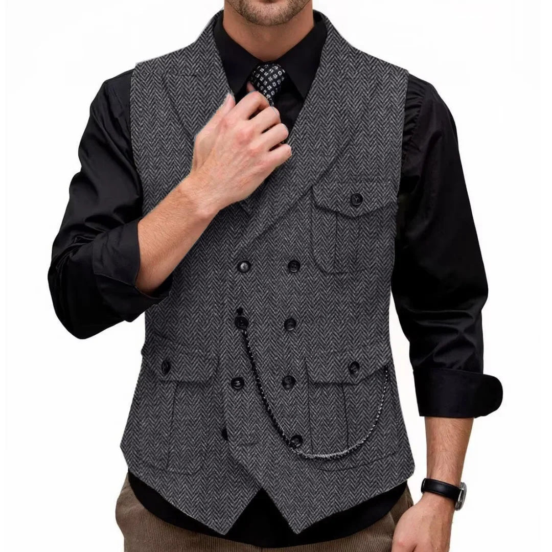 Men Vest GrayHerringbone Double Button With Pocket Waistcoat For Wedding Party Banquet Business Casual Daily Work Men Suit Vest