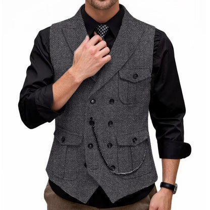 Men Vest GrayHerringbone Double Button With Pocket Waistcoat For Wedding Party Banquet Business Casual Daily Work Men Suit Vest