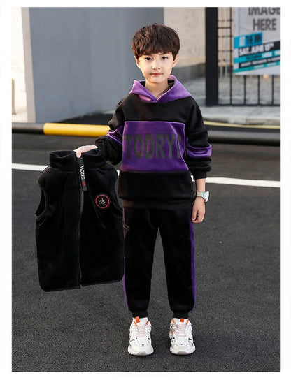 Winter Boys Warm Fleece Lined Zip Waistcoat+Sweatshirt+Sweatpant Sets School Kids 3PCS Tracksuit Children Workout Outfit 5-14Yrs