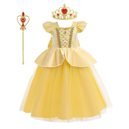 Kids Belle Elegant Costume Girls Halloween Princess Cosplay Party Mesh Dress Children Birthday Clothes Carnival Luxury Ball Gown