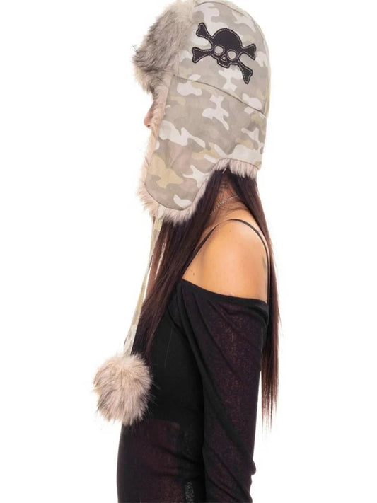 Y2k Camouflage Skull Graphic Print Gothic Aesthetic Rock Subculture Warm and Plush Fashionable Bomber Hat Ear Protection Hat