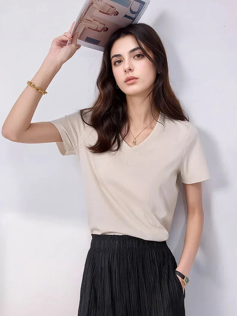 Women Solid T shirts, Silk Cotton Blend, O Neck, Short Sleeved Solid Tee,2025 Summer Candy Colors Basic Cozy Top Green