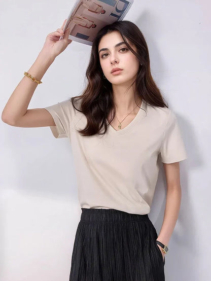 Women Solid T shirts, Silk Cotton Blend, O Neck, Short Sleeved Solid Tee,2025 Summer Candy Colors Basic Cozy Top Green