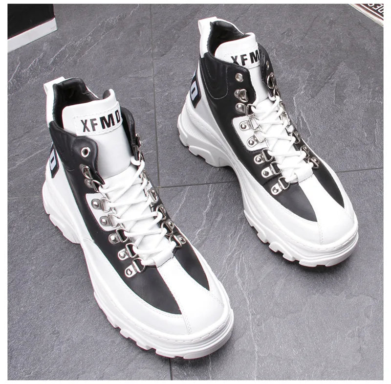 White High Top Board Boots for Men Thick Soled Men Boots with Elevated Height Inside Outdoor Casual Versatile High-top Shoes
