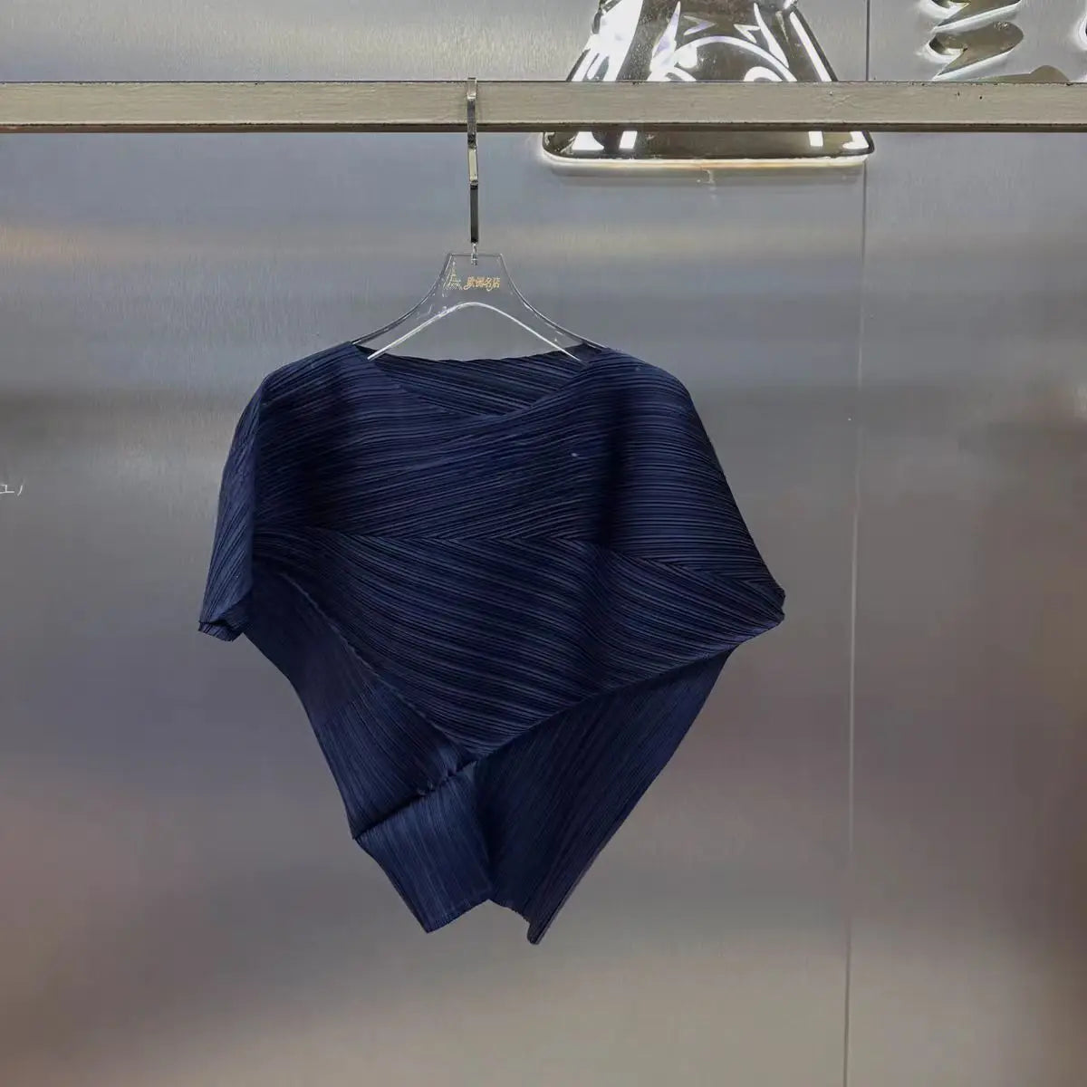 Vibrant Cyan Blue Miyake Pleated Asymmetric Short Sleeve Top, Irregular Hem Women's Casual All Match Modern Stylish Blouse