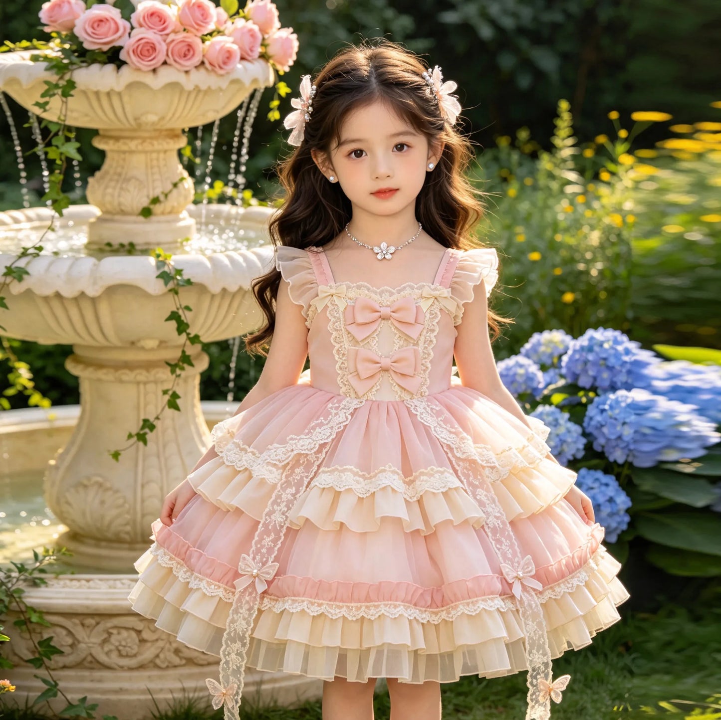 2026 New Summer Baby Girls Princess Lolita Dress Kids Sweet Pink Lace Bow Sleeveless Flower Girl Cake Dress Birthday Party Gown