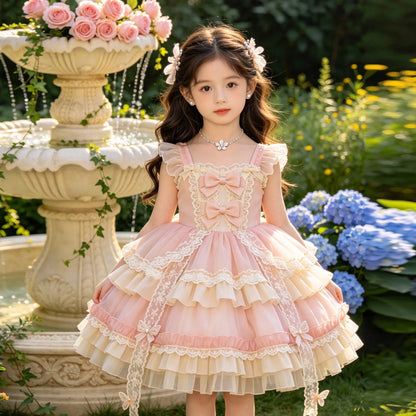2026 New Summer Baby Girls Princess Lolita Dress Kids Sweet Pink Lace Bow Sleeveless Flower Girl Cake Dress Birthday Party Gown