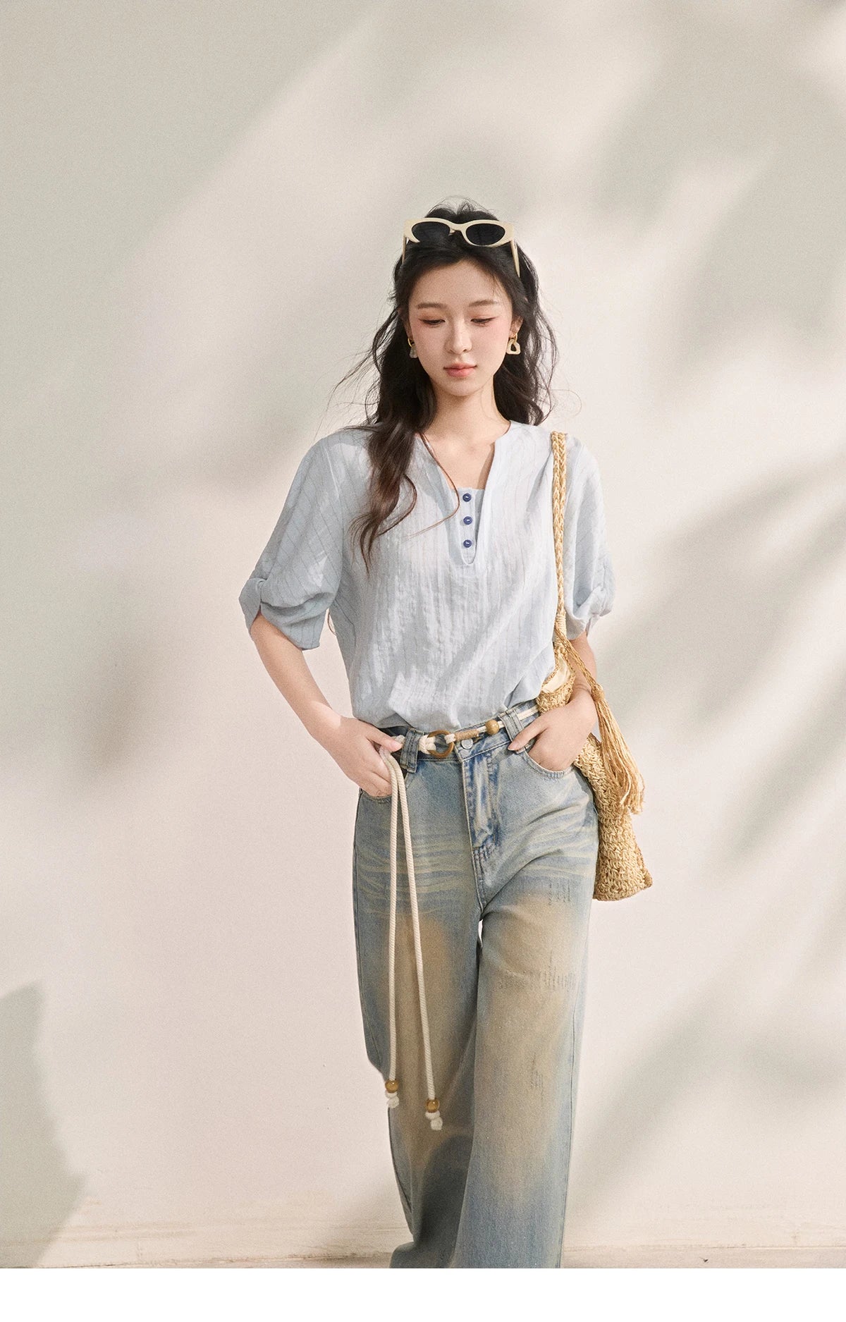Women French Vertical Stripe Blouse Summer Seven Quarter Sleeve Loose Blouse Minimalist Solid Top Office Lady MXF16X2562