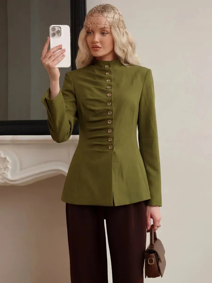 Women 2026 Spring Autumn Mandarin Collar Blazer Ruched Front Multi Row Buttons Long Sleeve Fit Formal Office Outerwear Coat
