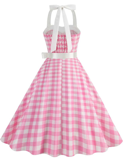 Women Summer Party Dress With Belt Polka Dot Print Halter Hepburn Robe 50s 60s Vintage Dresses