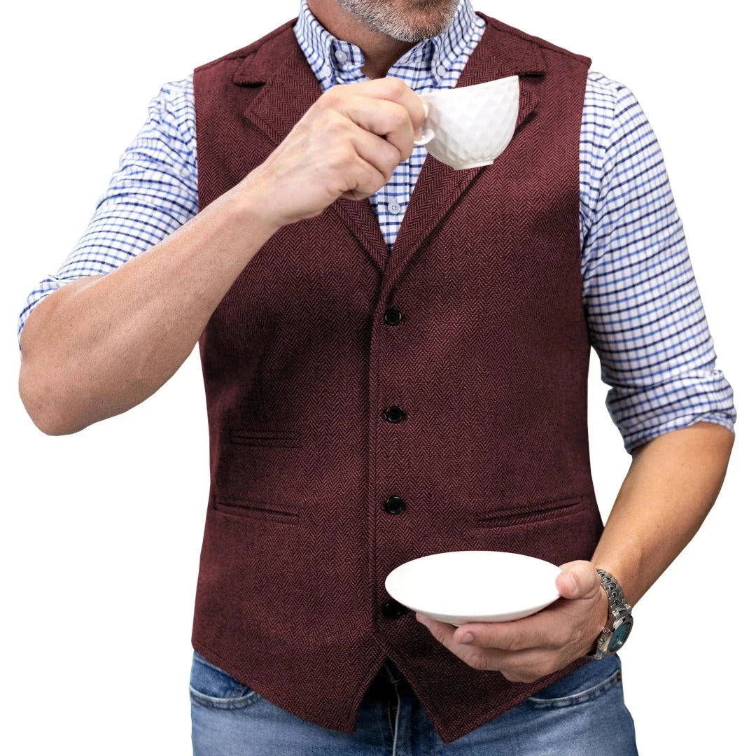 Men Vest Brown Herringbone Single Button With Lapel Waistcoat For Wedding Party Banquet Prom Business Work Casual Daily Men Vest
