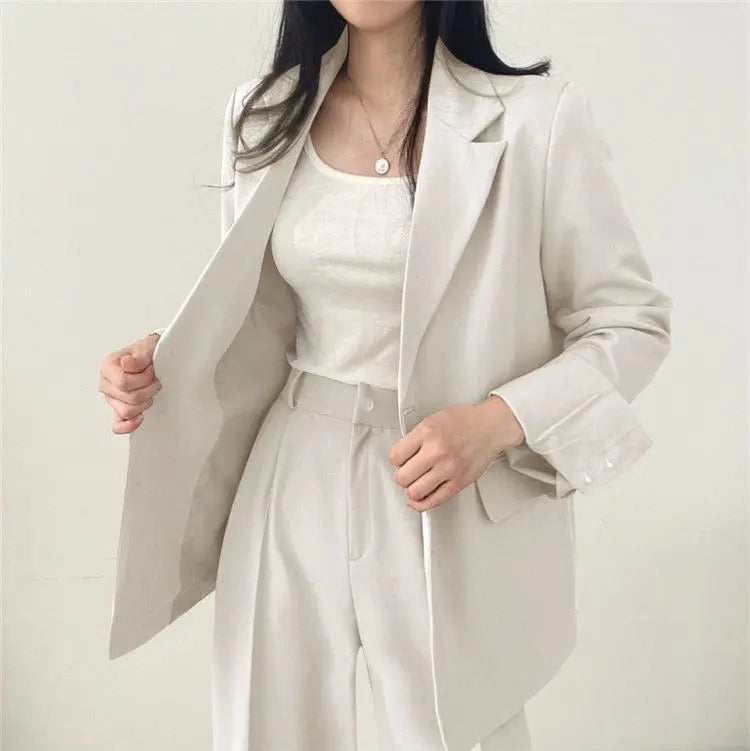 Casual Notch Lapel Suit Set with Button Thick Wide Leg Small Suit Pants High Waist Drape Polyester Business Lady Style Women