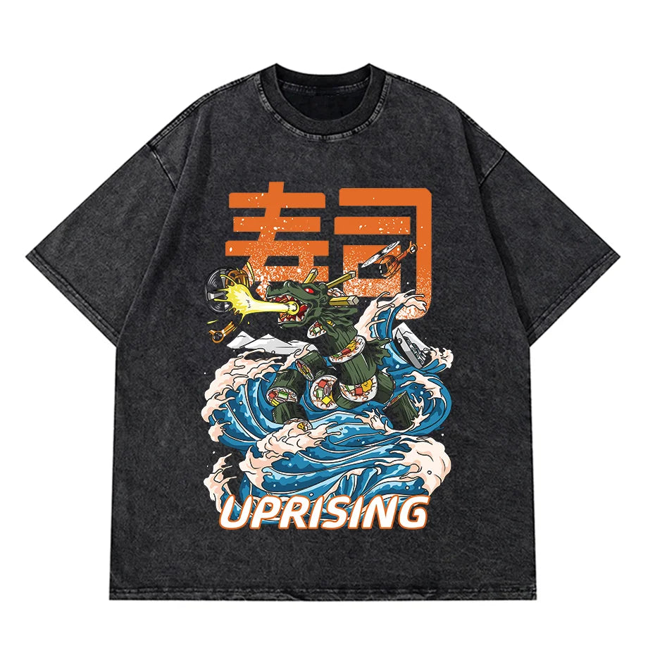 Anime Pain Printed T Shirt Men Retro Washed 100% Cotton Tops Tees Harajuku Tshirt 2023 Streetwear Hip Hop Male T-shirts