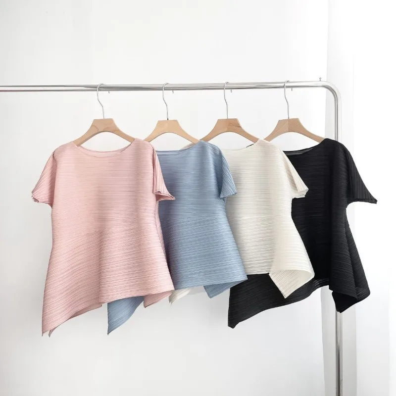Miyake Irregular Short Sleeve Pleated Top Simple Loose Plus Size with Stretch T-Shirt Vacation Office Clothing Polyester Crepe