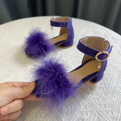 Toddler Girls Sandals Summer Low-heels Children's Sandals Open-toe Princess Fluffy New Versatile Kids Fashion Ankle-strap Shoes