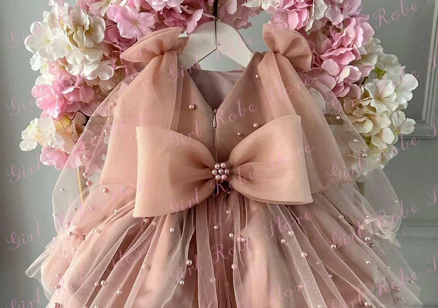 Customized Dusty Pink Flower Girl Dress Full Sleeves Tulle Pearls Puffy With Bow Toddler Birthday Party Banquet Photo Shoot Gown