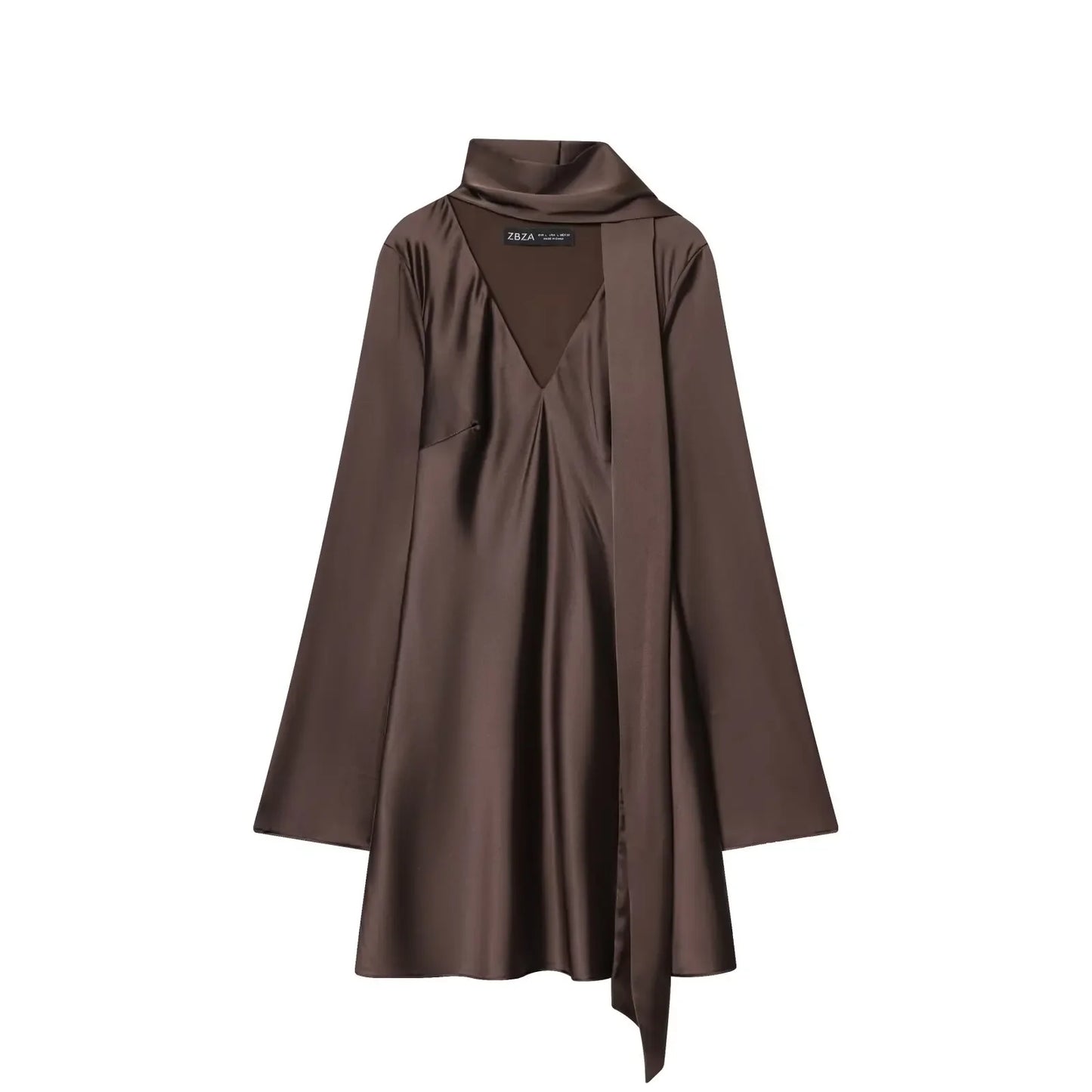 Women Fashion Satin Elegant Short Dress Summer Autumn New Long Sleeve Scarf V neck Mini Dress Female Elegant Party Dresses