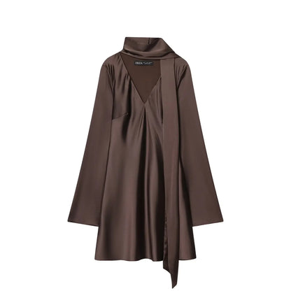 Women Fashion Satin Elegant Short Dress Summer Autumn New Long Sleeve Scarf V neck Mini Dress Female Elegant Party Dresses
