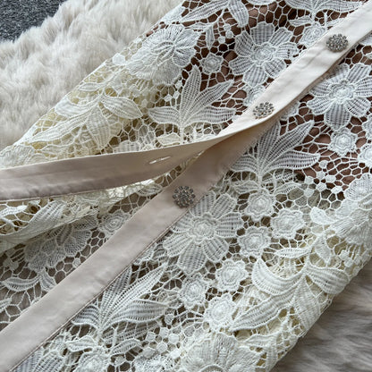 Classy Vintage Flower Lace Dress Office Lady Hollow Out Sashes Short Sleeve Bodycon French Senior Straight Long Dress