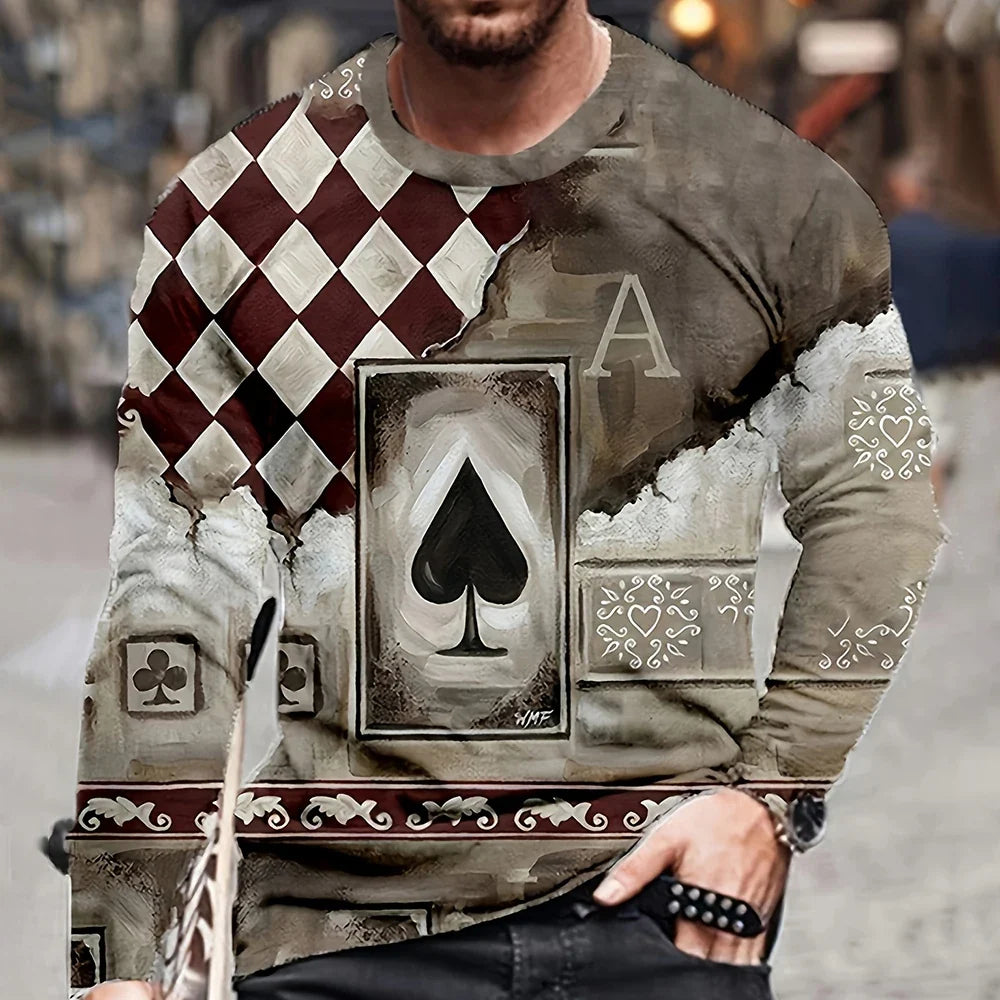 Summer Men's T-Shirt Big Size Loose Retro Short Sleeve Fashion American Poker Letter Print O Neck Long Sleeve Autumn Shirt