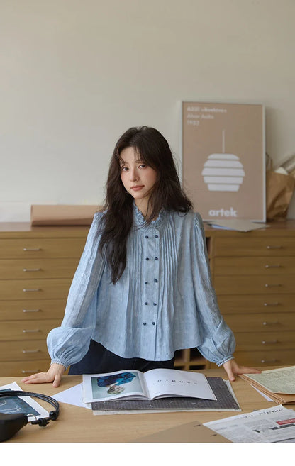Women's Shirt 2025 Autumn Blue Polka Dot Chiffon Loose Shirt Stand Collar Double Row Buckle Lantern Sleeve Top MXE41X1926
