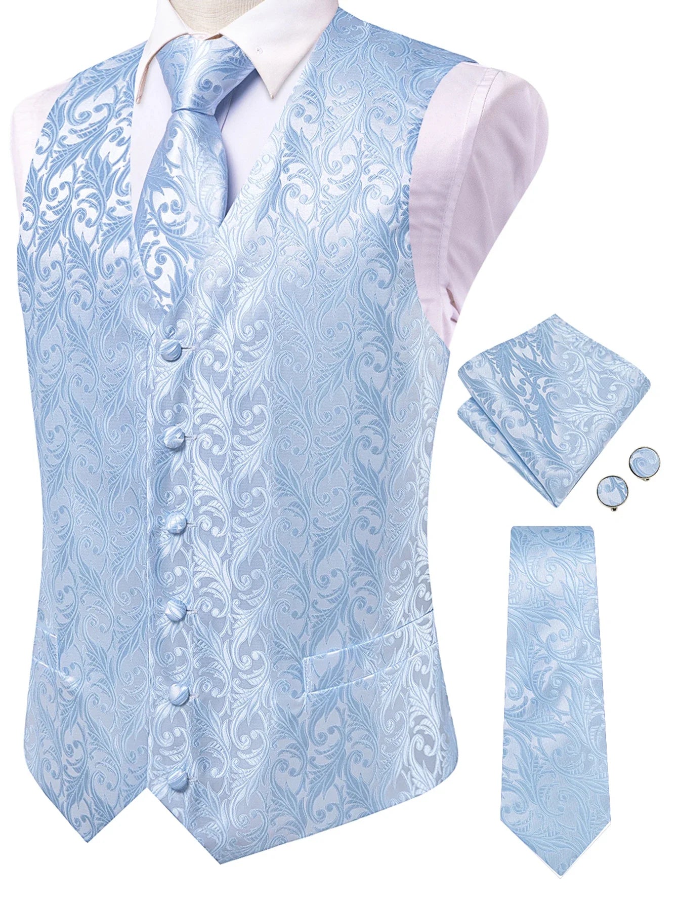 Men's Classic Floral Vest & Tie Hanky Cufflinks Set – Waistcoat for Weddings Events Party Gift