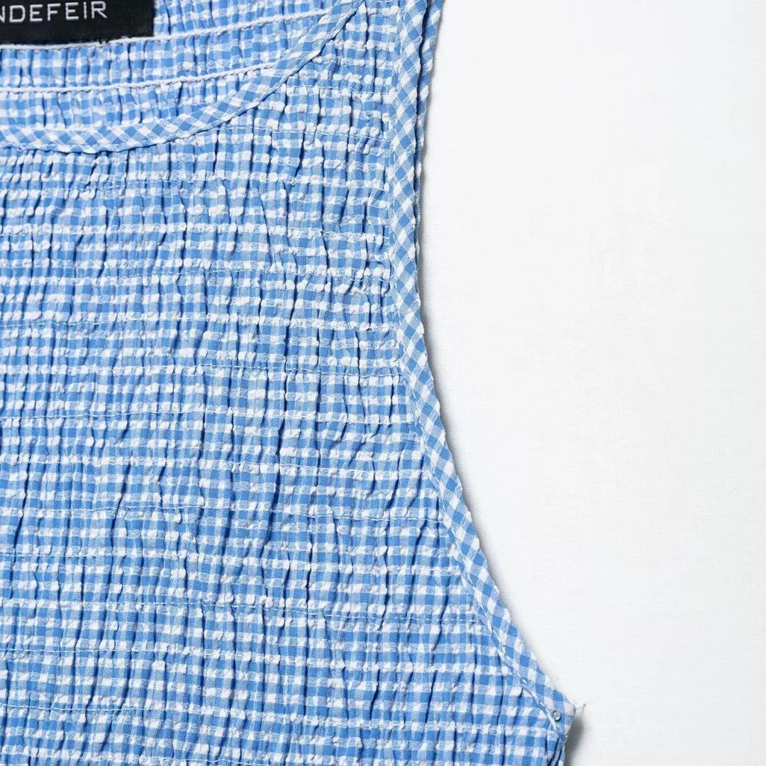 Dress for Women Fashion Summer New Plaid Fold Sleeveless O-neck Midi Vest Dresses French Chic Female Evening Clothing
