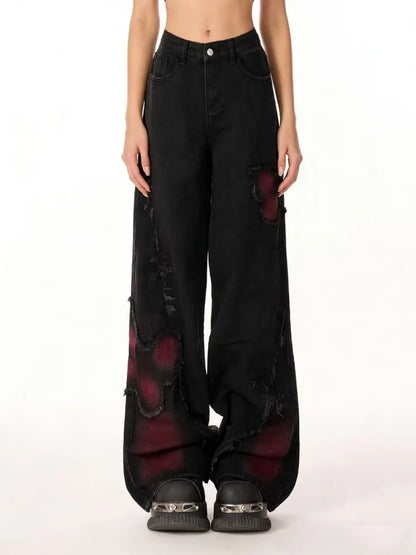 Women's Baggy Butterfly Jeans Vintage 90s Aesthetic Cowboy Pants Harajuku Oversize Denim Trousers Y2k 2000s Black Gothic Clothes