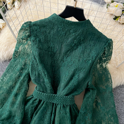 High-End Women's Dress Heavy Embroidery A-Line Long Skirt V-Neck Lantern Sleeve Single Button High Waist Korean Style Commute