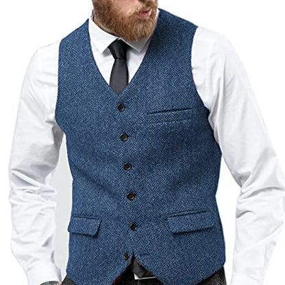 Herringbone Vest for Men Wool Tweed Waistcoat for Groom Groomsman Formal Single Breasted Males Plus Size Dress Suit Vest