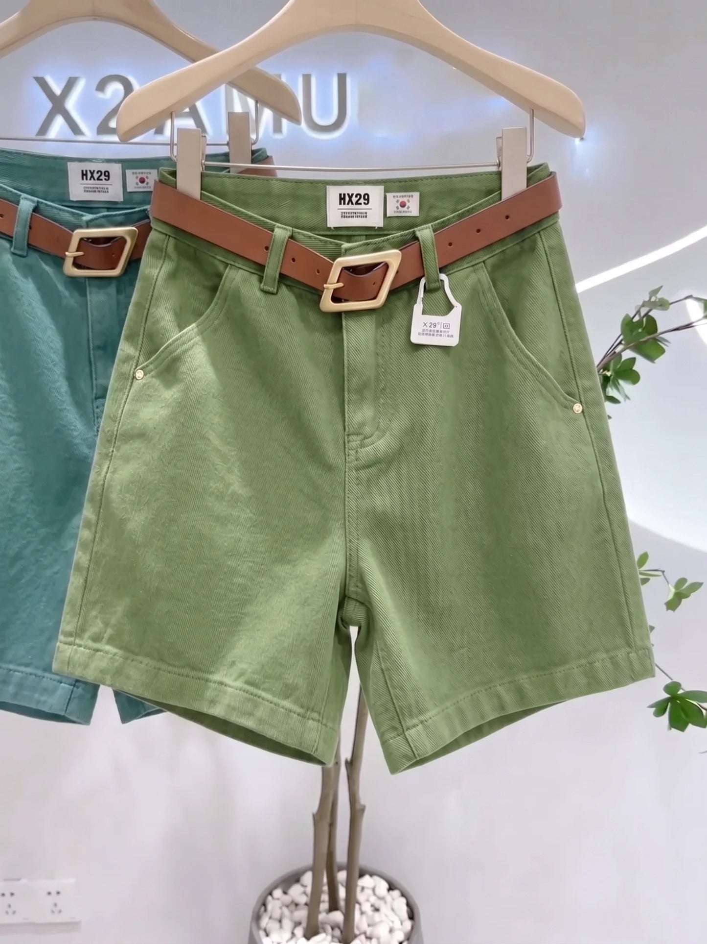 High Waist Wide Leg Jeans Green Matcha Women's Summer Loose Slimming Shorts Versatile Cotton Stretch Denim Casual High Waist