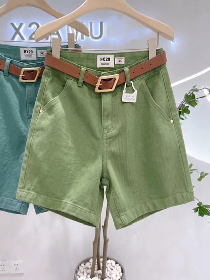 High Waist Wide Leg Jeans Green Matcha Women's Summer Loose Slimming Shorts Versatile Cotton Stretch Denim Casual High Waist