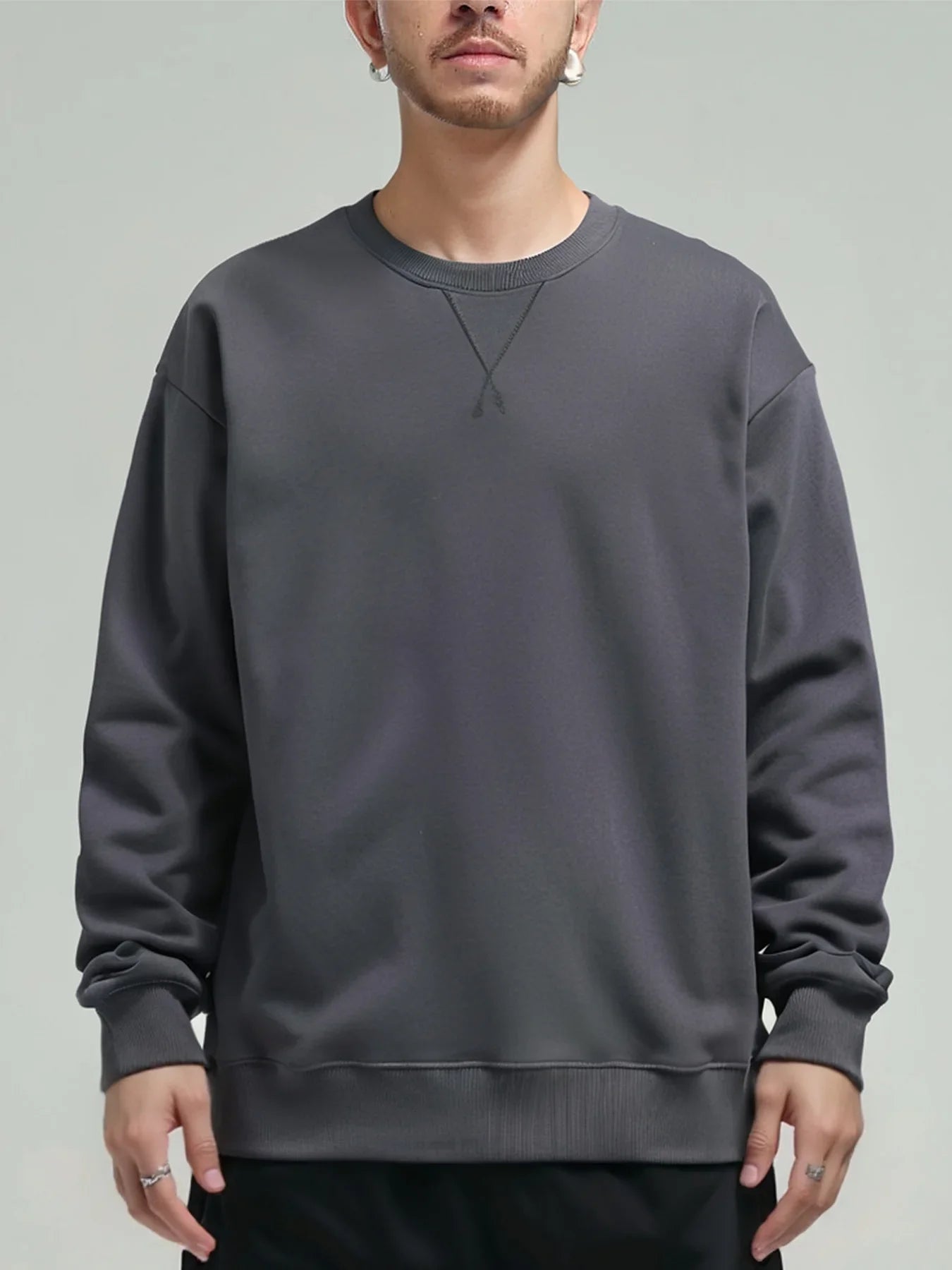 380g Tight Match Heavy Inverted Triangle Loose Versatile Solid Cotton Vintage Autum Winter Long Sleeve Round Neck Sweater