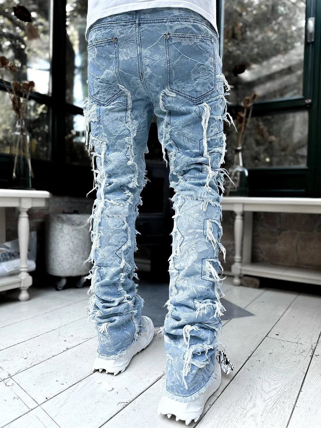 New European and American Heavyweight Streetwise Stretch Patch Jeans for Men, High Street Straight Fit Long Jeans16-3001