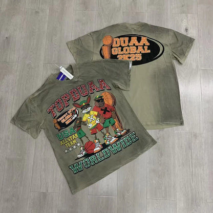 Car Letter Rhinestone Washed Cotton Short Sleeve Tshirts for Men and Women Harajuku Hip Hop Loose Shinning Diamond Tees Oversize