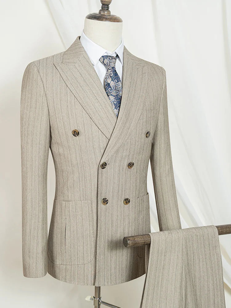 Two-Piece Dress Green Fashion Stripe Double Breasted Wedding Groom Costume Leisure Office Business Men Suits