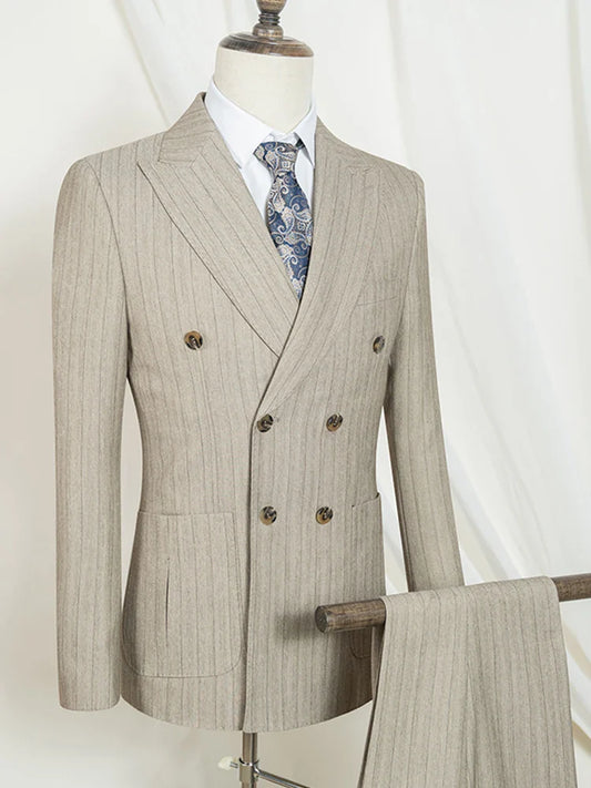 Two-Piece Dress Green Fashion Stripe Double Breasted Wedding Groom Costume Leisure Office Business Men Suits