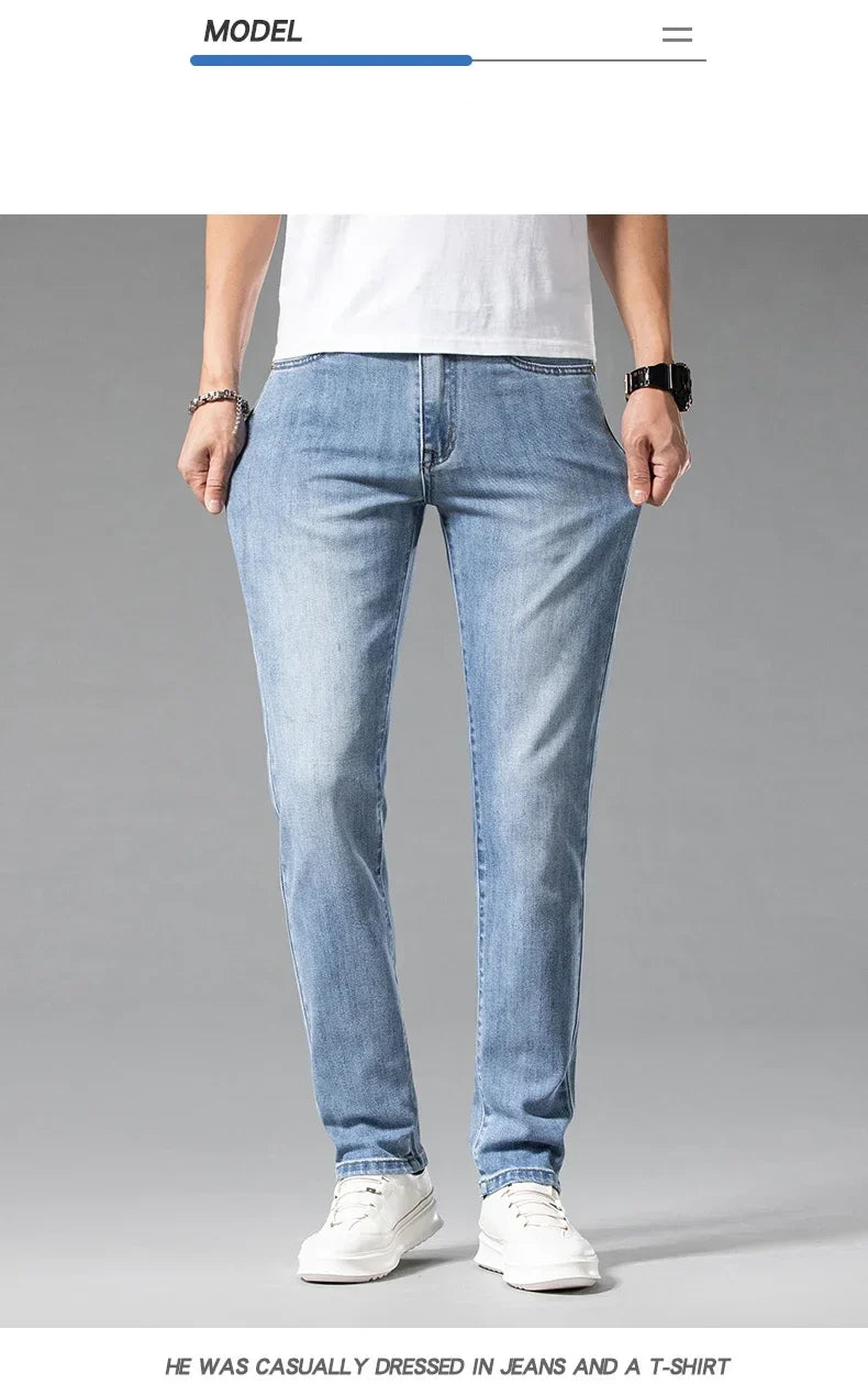 New Summer 98% Cotton Men's Business Casual Jeans Straight Soft Stretch Fabric Baggy Denim Pants Male Brand Trousers