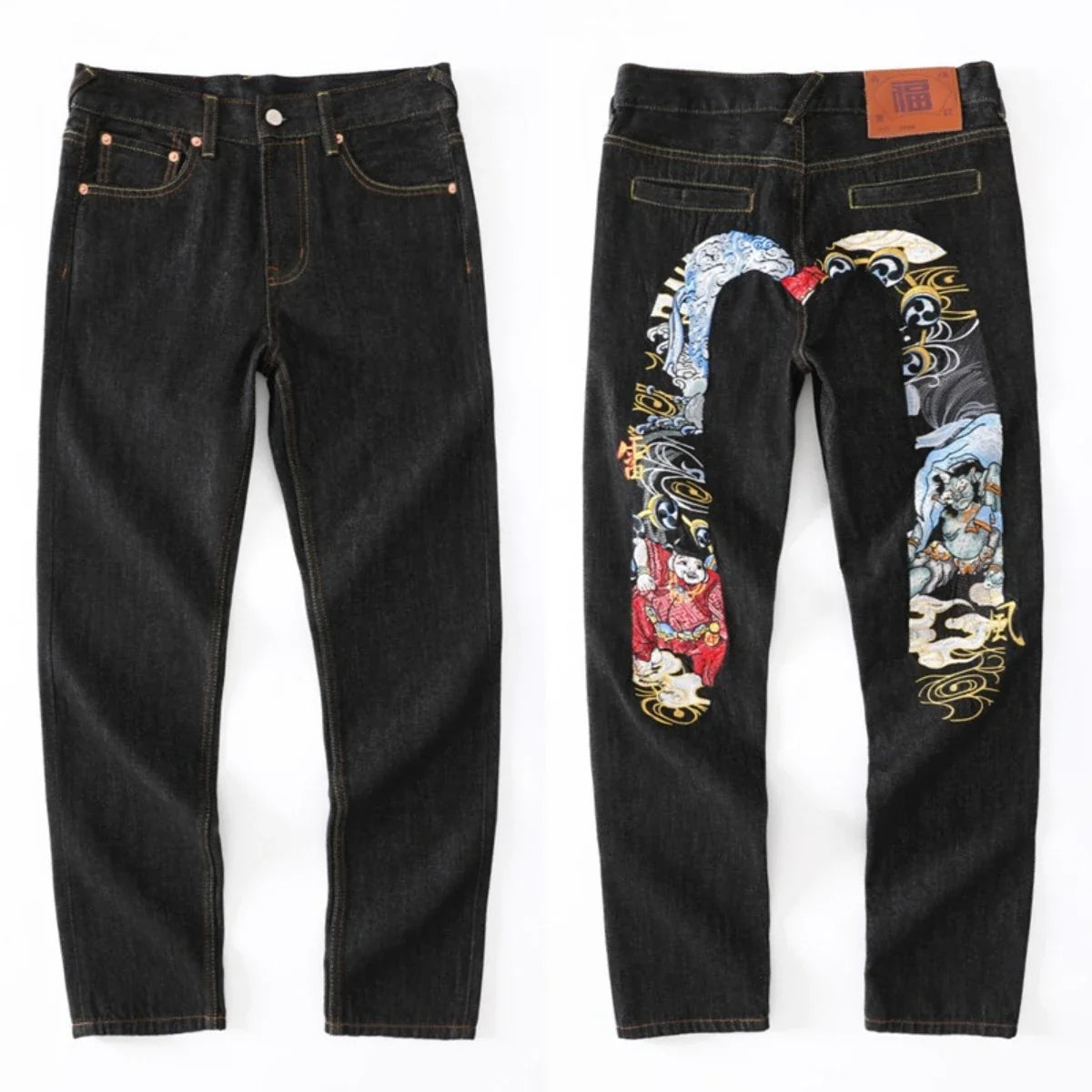 Japanese Handmade Embroidered Jeans Men's Pure Cotton Straight Tube Hip-Hop Popular Slim Red Ears Show Thin Trousers Devil Big M