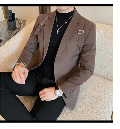 2024 Autumn Winter New Strap Decoration Suit Jacket for Men Fashion Slim Casual Business Blazers Groom Wedding Social Tailcoat