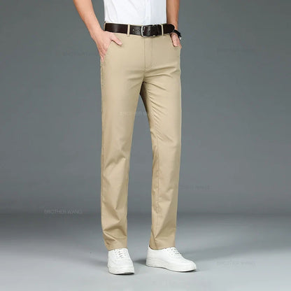 Bamboo Fiber Fabric Men's Casual Pants Summer New Ultra-thin Elastic Soft Straight Business Trousers Classic Black Khaki Gray