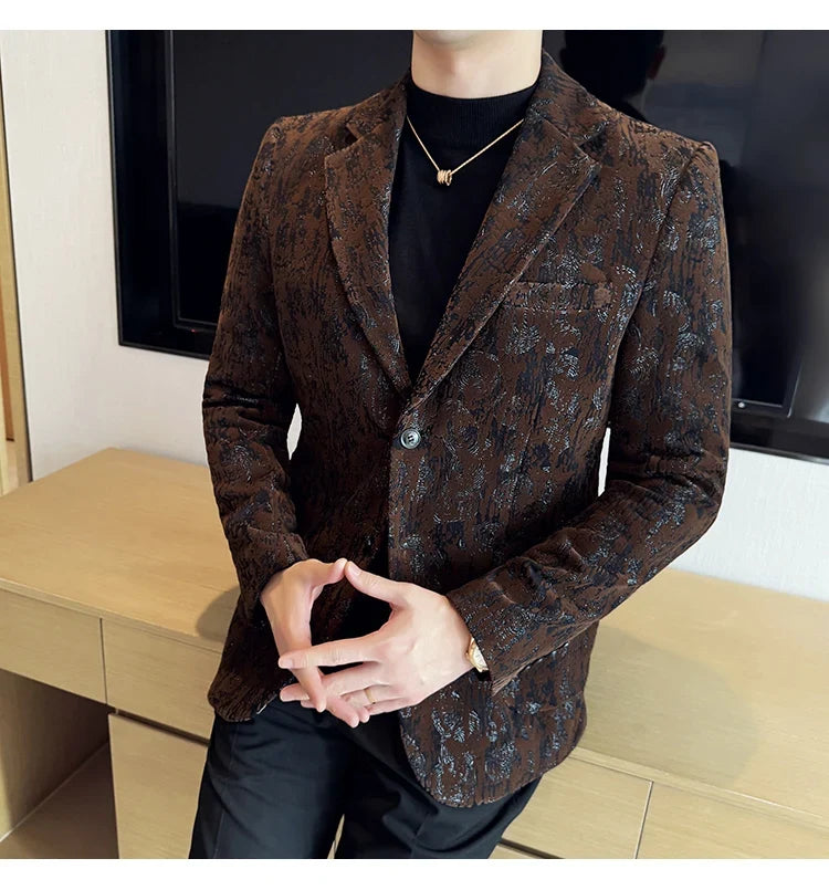 High Quality Plush Jacquard fashion Suit Jacket  Korean Version Slim Fit Business Retro Casual Social Wedding Suit Blazer 5XL-M