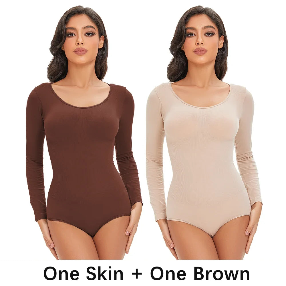 Spandex Elastic Body Suit Shapewear Women Body Shaper Tummy Control Long Sleeve Open Crotch Round Neck Seamless Shapers